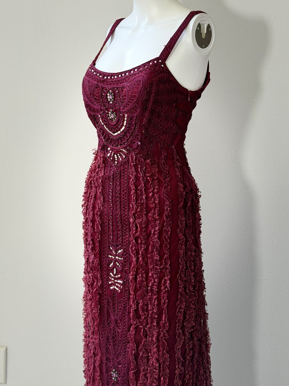 Sue Wong Burgundy Crochet & Beaded Midi Dress - Picture 10 of 15